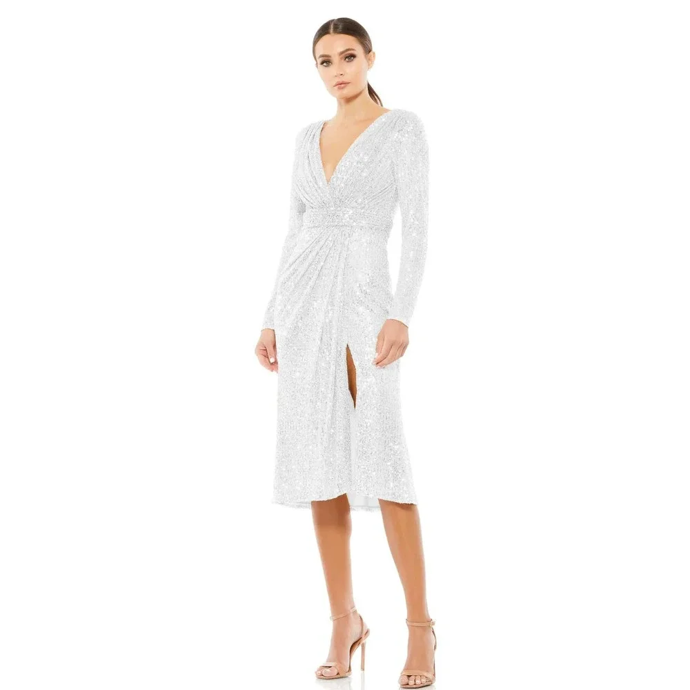 IEENA FOR MAC DUGGAL 26555 Long Sleeve Sequined Midi Dress White 16 NEW